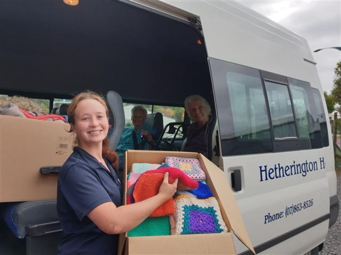 Hetherington House, blog post, Knitting blankets for the SPCA, Knitting blankets for the SPCA - SPCA receiving the knitted blankets from the Residents of Hetherington House.