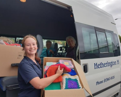 Hetherington House, blog post, Knitting blankets for the SPCA, Knitting blankets for the SPCA - SPCA receiving the knitted blankets from the Residents of Hetherington House.